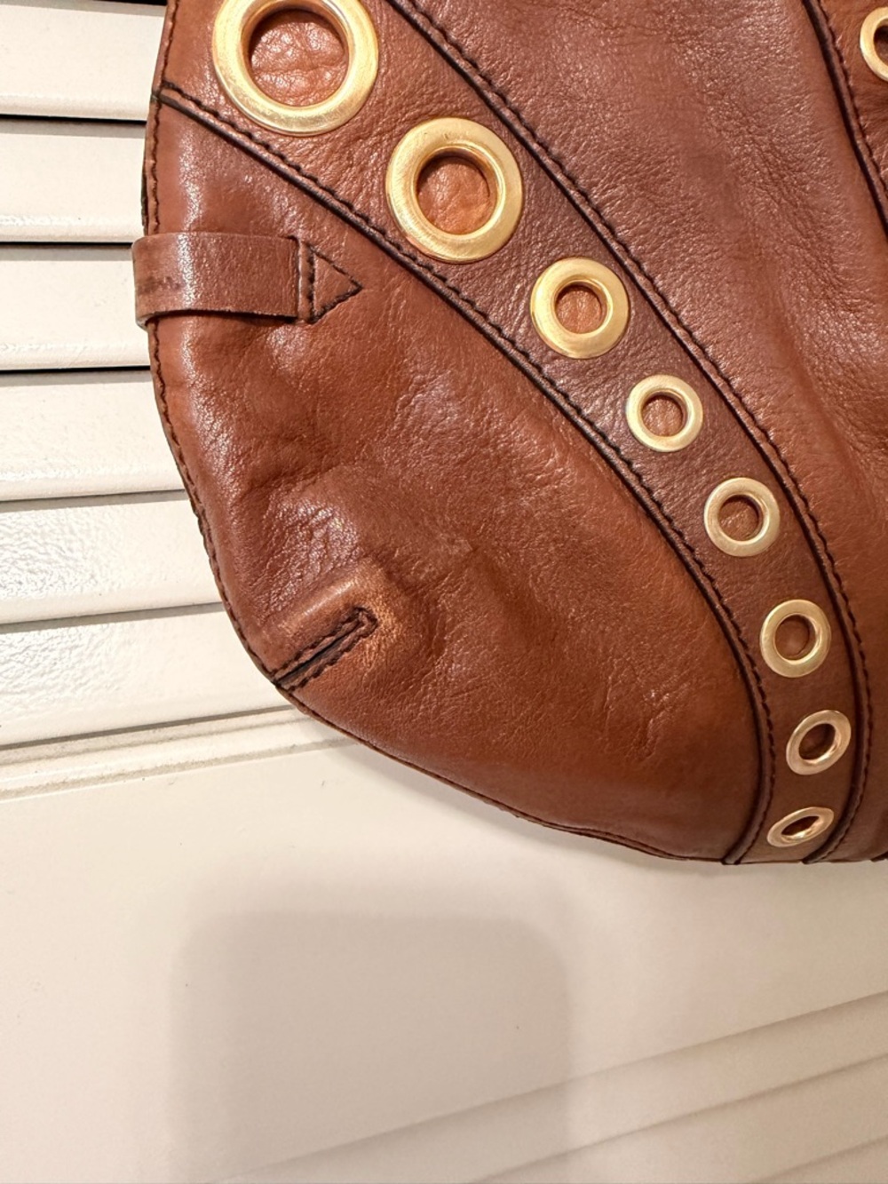 Cole Haan Brown Leather Hobo Bag with Gold Grommet Accents - Picture 4 of 11